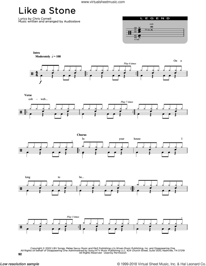 Like A Stone sheet music for drums (percussions) by Audioslave and Chris Cornell, intermediate skill level