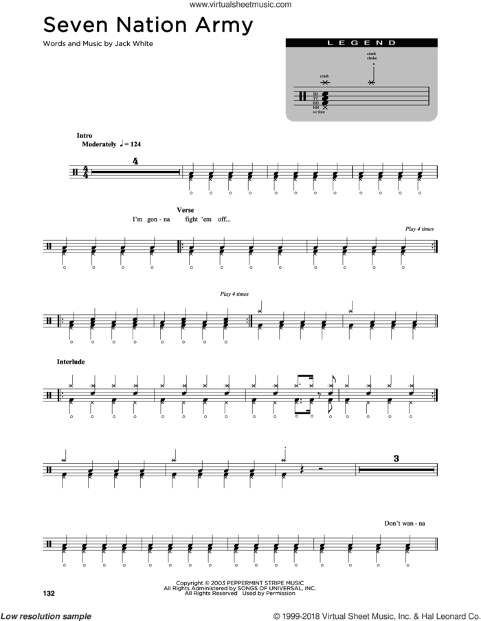 Seven Nation Army sheet music for drums (percussions) by White Stripes and Jack White, intermediate skill level