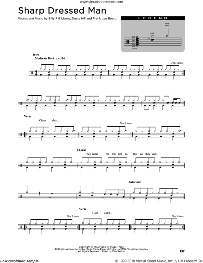 Sharp Dressed Man sheet music for drums (percussions) by ZZ Top, Billy Gibbons, Dusty Hill and Frank Beard, intermediate skill level