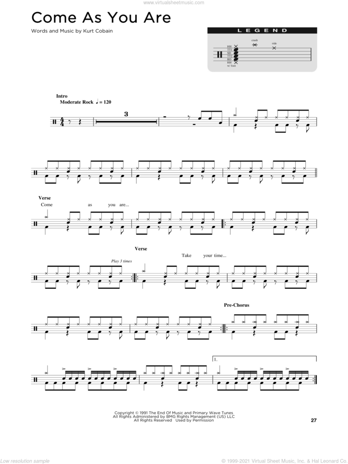 Come As You Are sheet music for drums (percussions) by Nirvana and Kurt Cobain, intermediate skill level