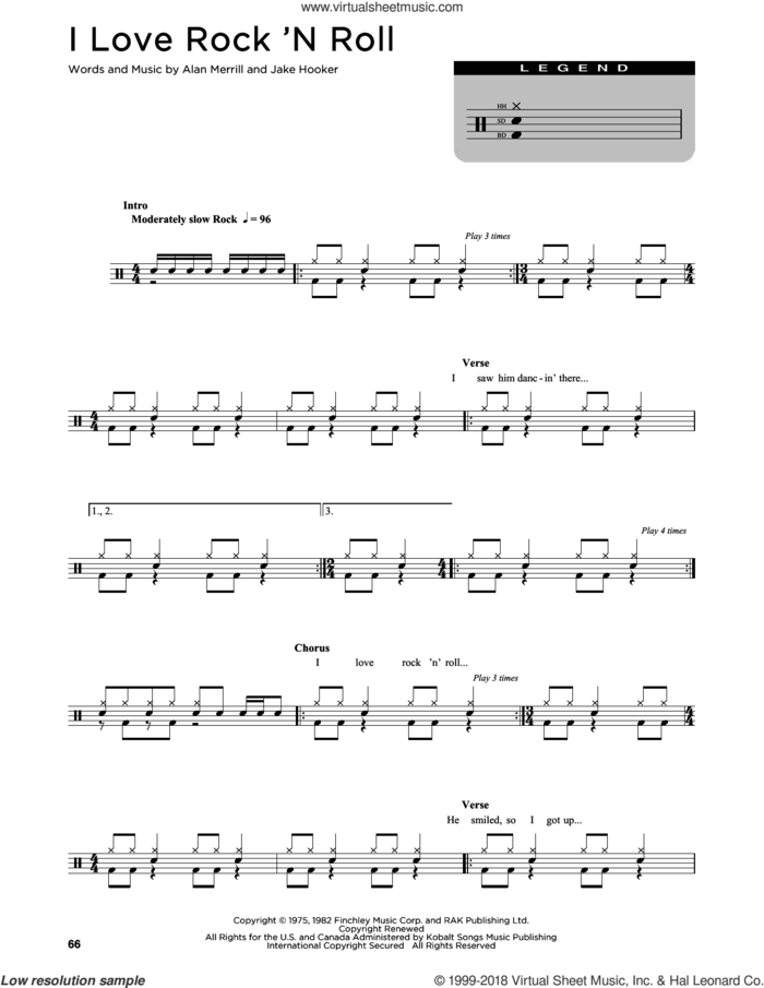I Love Rock 'N Roll sheet music for drums (percussions) by Joan Jett & The Blackhearts, Alan Merrill and Jake Hooker, intermediate skill level