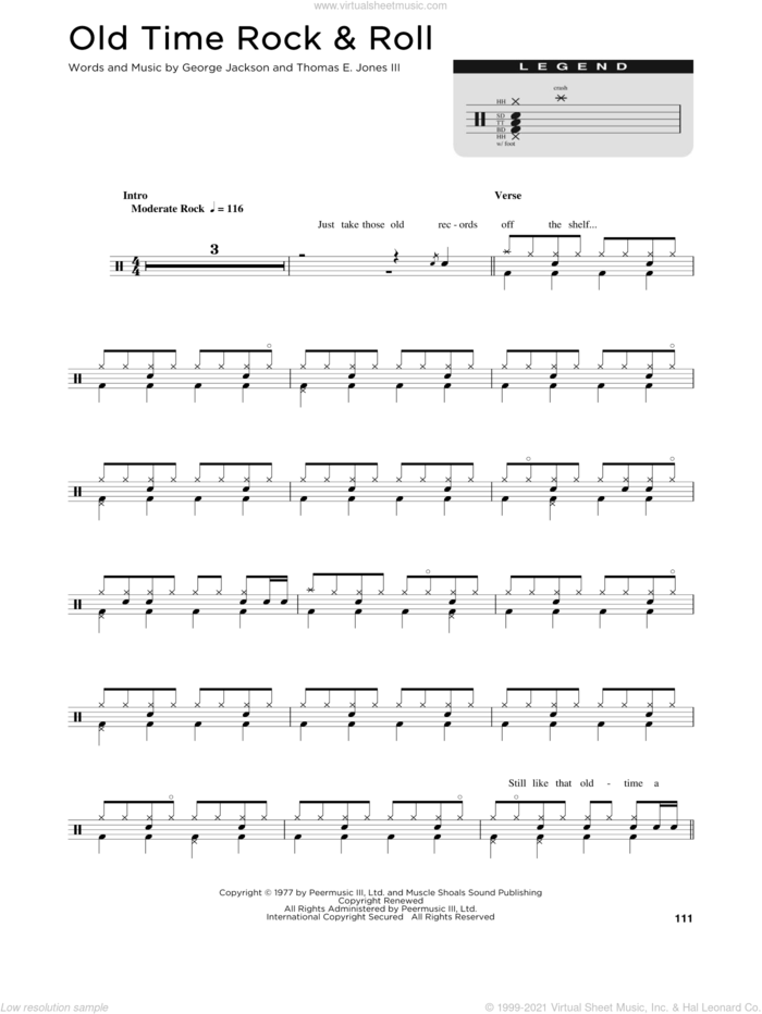 Old Time Rock and Roll sheet music for drums (percussions) by Bob Seger, George Jackson and Tom Jones, intermediate skill level