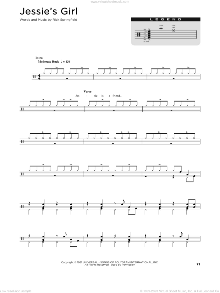 Jessie's Girl sheet music for drums (percussions) by Rick Springfield, intermediate skill level