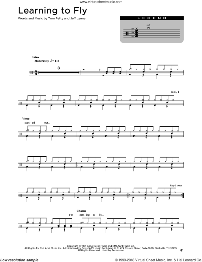 Learning To Fly sheet music for drums (percussions) by Tom Petty and Jeff Lynne, intermediate skill level