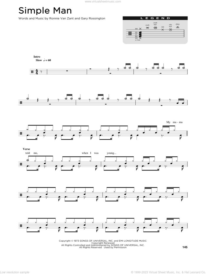 Simple Man sheet music for drums (percussions) by Lynyrd Skynyrd, Gary Rossington and Ronnie Van Zant, intermediate skill level