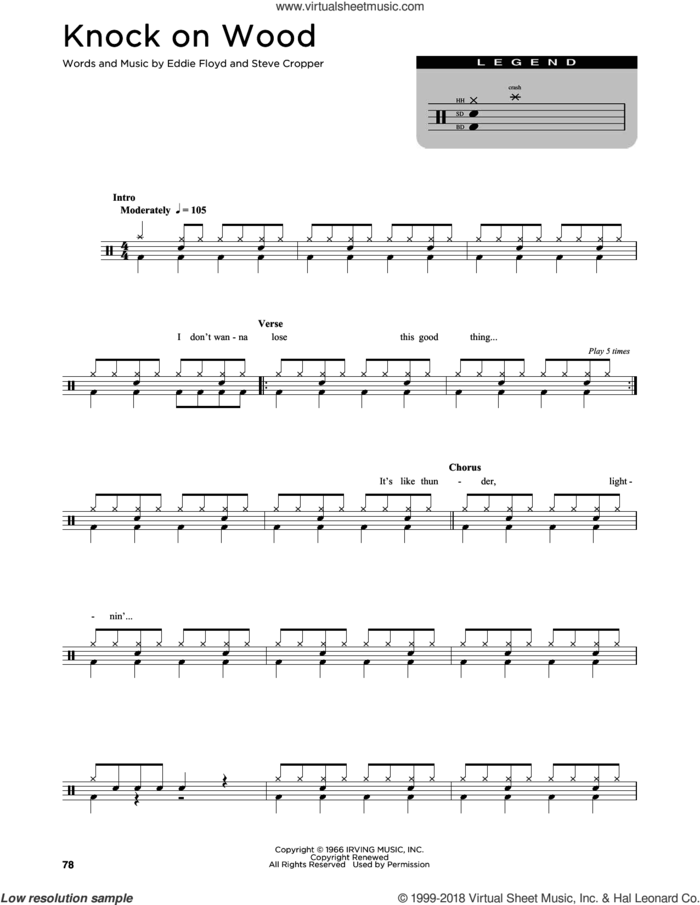 Knock On Wood sheet music for drums (percussions) by Otis Redding, Eddie Floyd and Steve Cropper, intermediate skill level