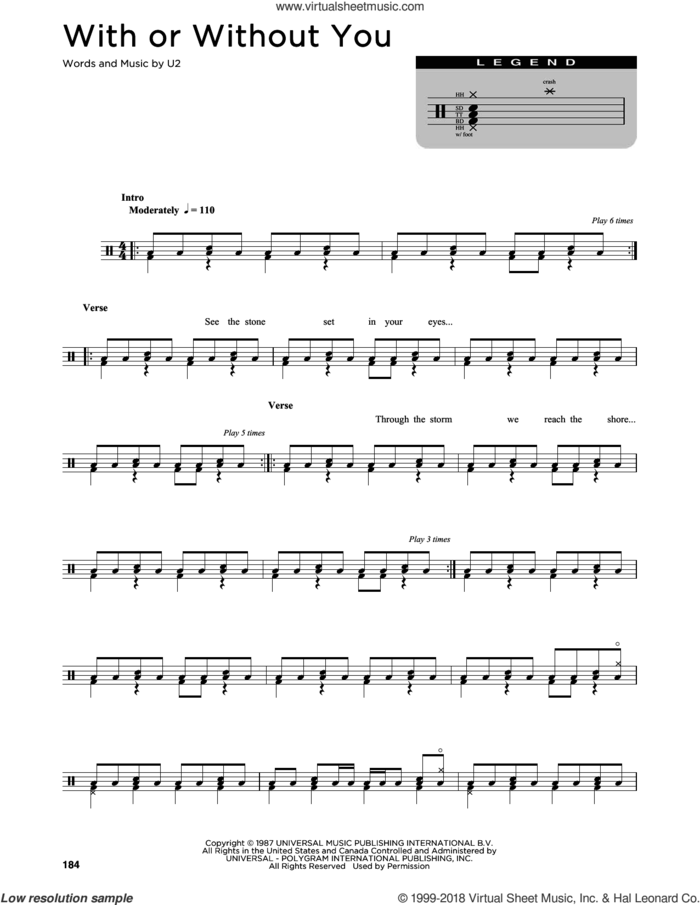 With Or Without You sheet music for drums (percussions) by U2, intermediate skill level