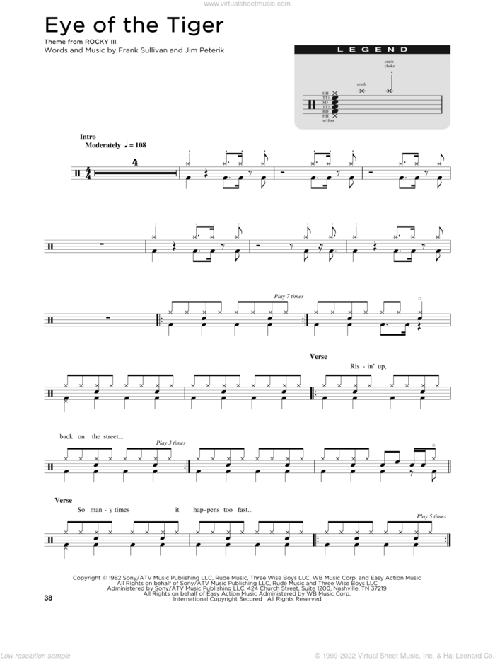 Eye Of The Tiger sheet music for drums (percussions) by Survivor, Frank Sullivan and Jim Peterik, intermediate skill level