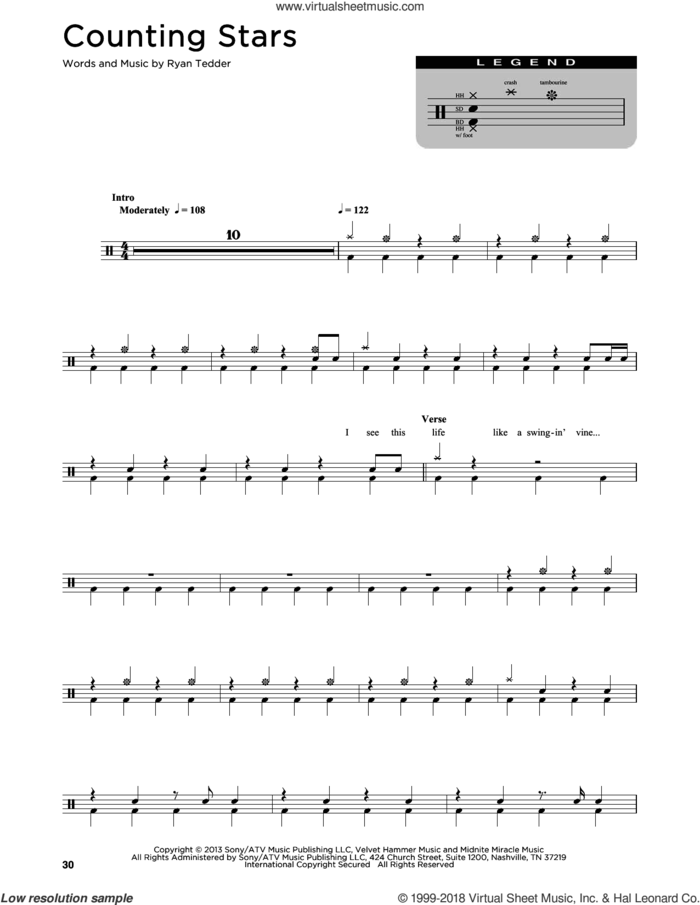 Counting Stars sheet music for drums (percussions) by OneRepublic and Ryan Tedder, intermediate skill level