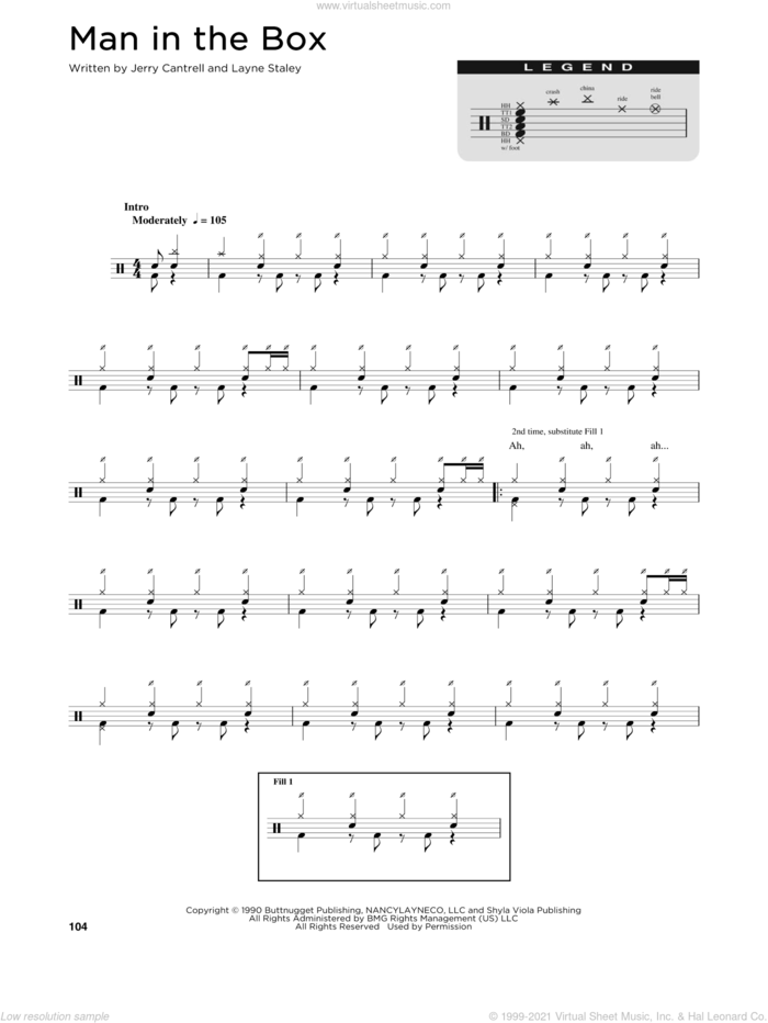 Man In The Box sheet music for drums (percussions) by Alice In Chains, Jerry Cantrell and Layne Staley, intermediate skill level