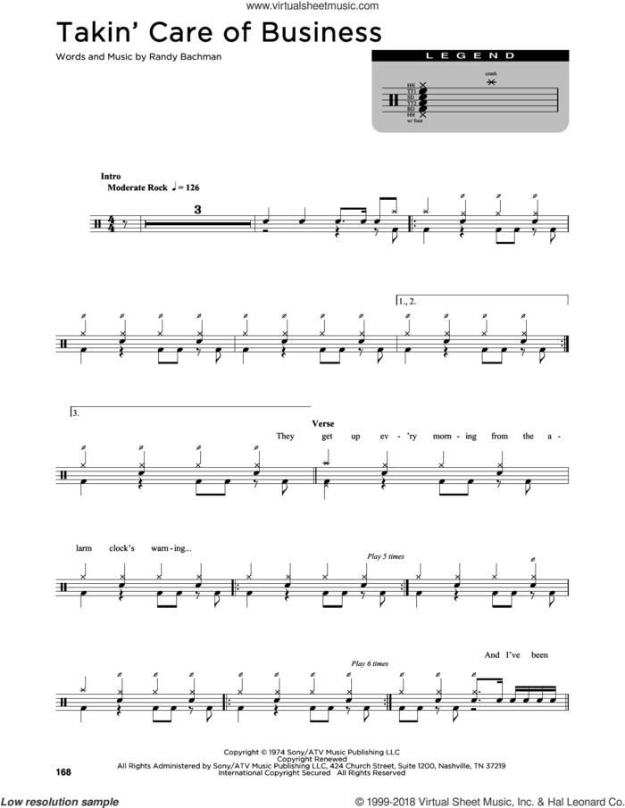 Takin' Care Of Business sheet music for drums (percussions) by Bachman-Turner Overdrive and Randy Bachman, intermediate skill level