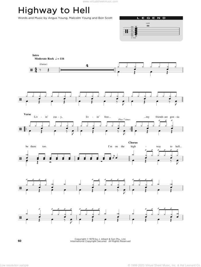 Highway To Hell sheet music for drums (percussions) by AC/DC, Angus Young, Bon Scott and Malcolm Young, intermediate skill level
