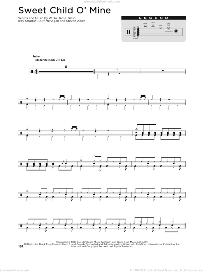 Sweet Child O' Mine sheet music for drums (percussions) by Guns N' Roses, Axl Rose, Duff McKagan, Slash and Steven Adler, intermediate skill level