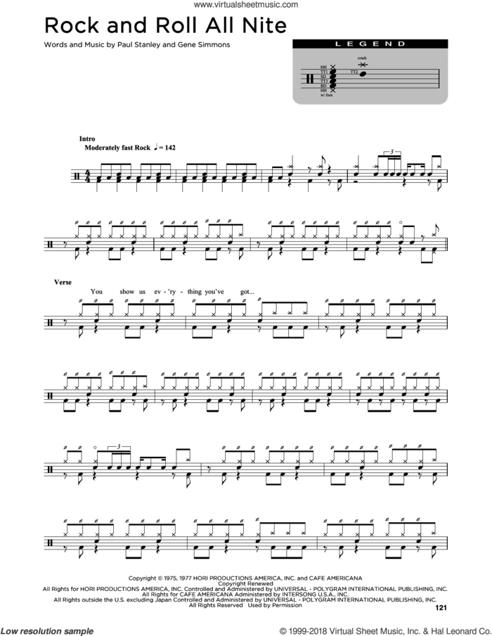Rock And Roll All Nite sheet music for drums (percussions) by KISS, Gene Simmons and Paul Stanley, intermediate skill level