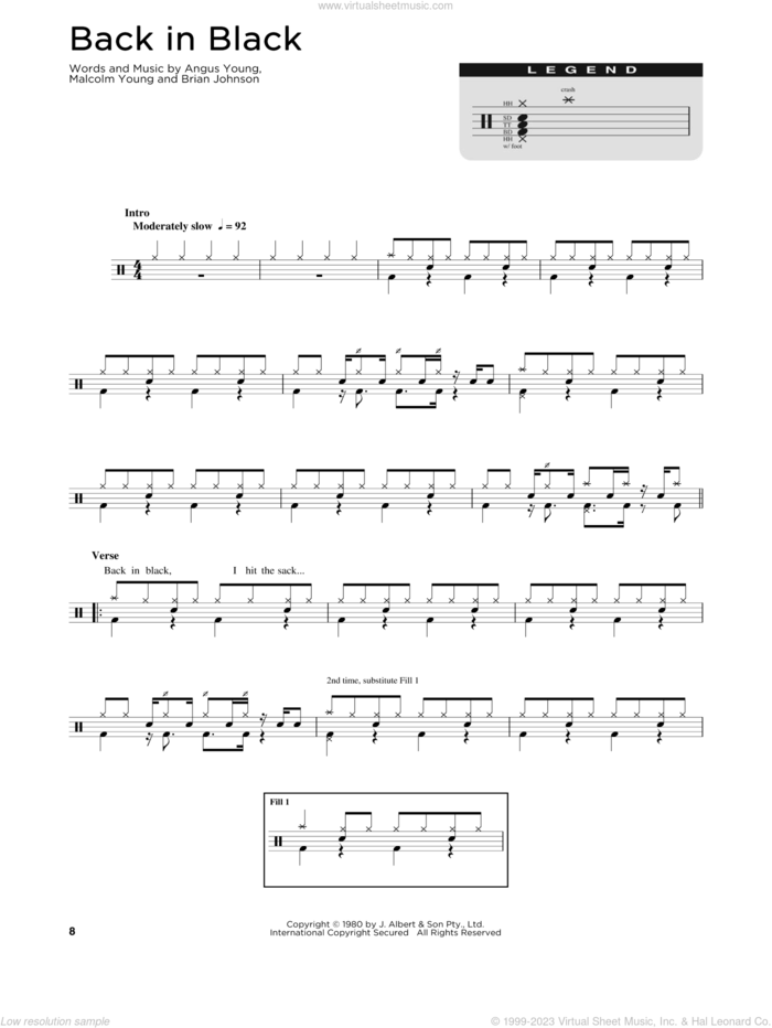 Back In Black sheet music for drums (percussions) by AC/DC, Angus Young, Brian Johnson and Malcolm Young, intermediate skill level