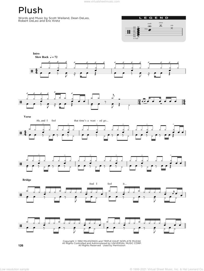 Plush sheet music for drums (percussions) by Stone Temple Pilots, Dean DeLeo, Eric Kretz, Robert DeLeo and Scott Weiland, intermediate skill level