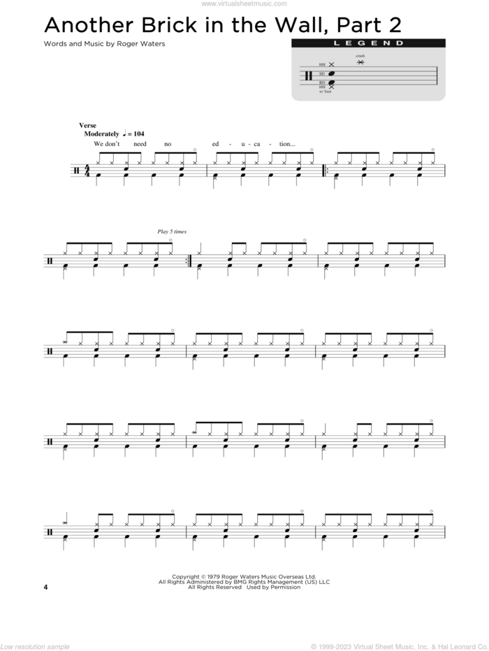 Another Brick In The Wall, Part 2 sheet music for drums (percussions) by Pink Floyd and Roger Waters, intermediate skill level
