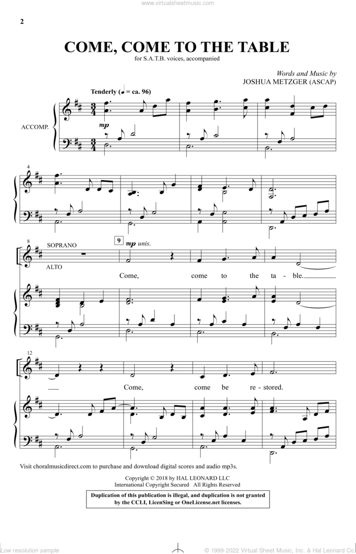 Come, Come To The Table sheet music for choir (SATB: soprano, alto, tenor, bass) by Joshua Metzger, intermediate skill level