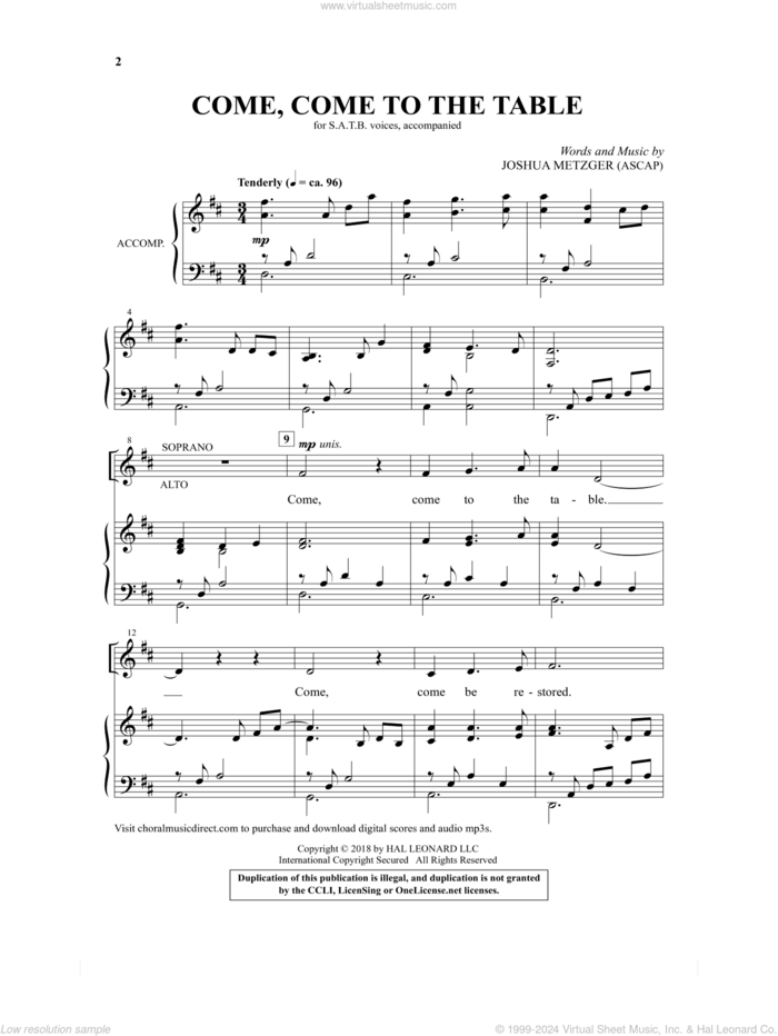 Come, Come To The Table sheet music for choir (SATB: soprano, alto, tenor, bass) by Joshua Metzger, intermediate skill level