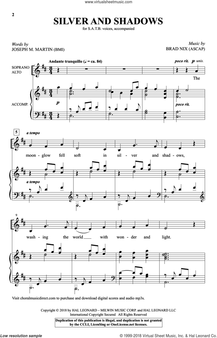 Silver And Shadows sheet music for choir (SATB: soprano, alto, tenor, bass) by Joseph M. Martin and Brad Nix, intermediate skill level