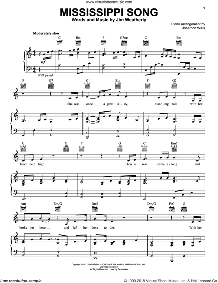 Mississippi Song sheet music for voice, piano or guitar by Jim Weatherly, intermediate skill level