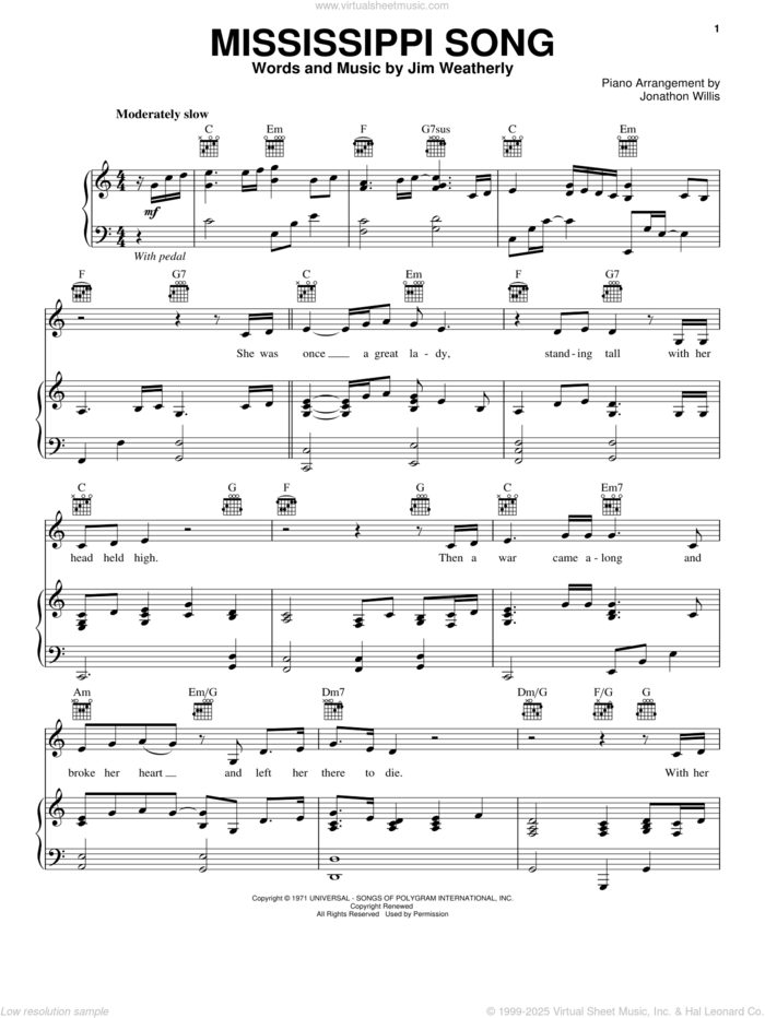 Mississippi Song sheet music for voice, piano or guitar by Jim Weatherly, intermediate skill level