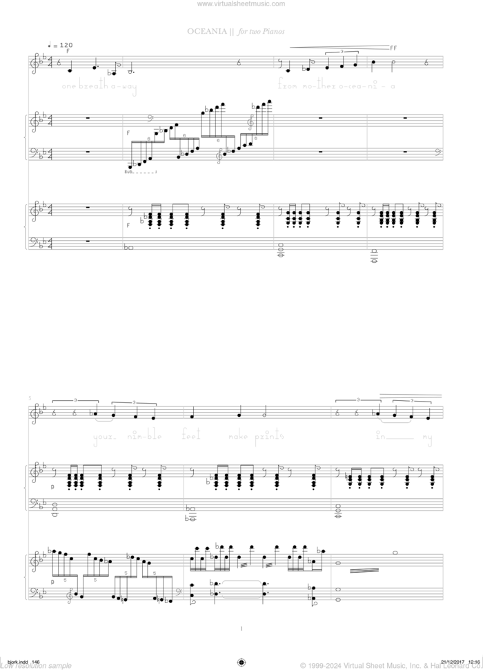 Oceania (for 2 pianos) sheet music for piano four hands by Bjork Gudmundsdottir and Sigurjon Sigurdsson, intermediate skill level