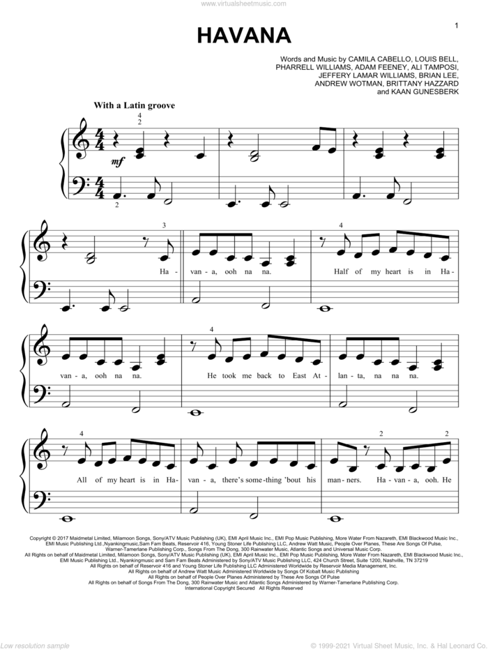 Havana sheet music for piano solo (big note book) by Camila Cabello feat. Young Thug, Adam Feeney, Ali Tamposi, Andrew Wotman, Brandon Perry, Brian Lee, Brittany Hazzard, Camila Cabello, Jeffery Lamar Williams, Louis Bell and Pharrell Williams, easy piano (big note book)