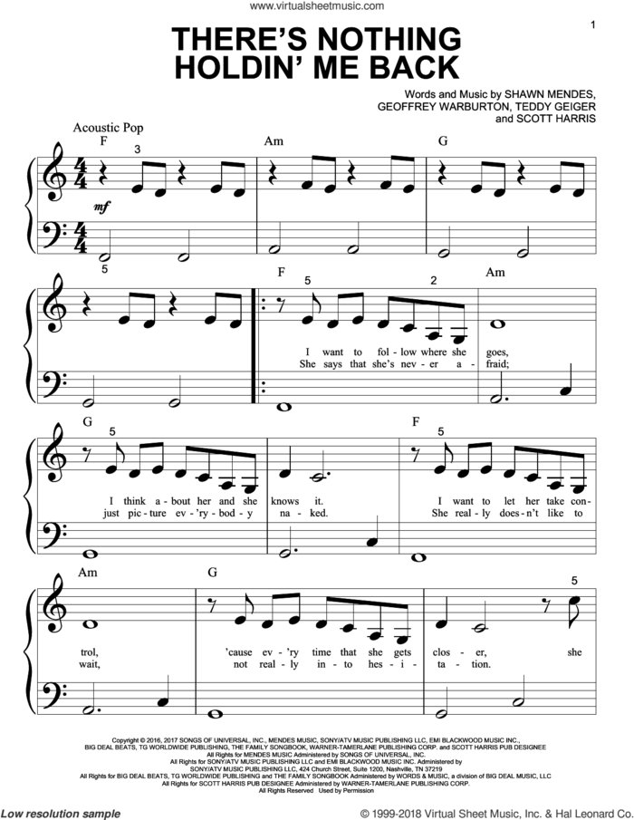 There's Nothing Holdin' Me Back sheet music for piano solo (big note book) by Shawn Mendes, Geoffrey Warburton, Scott Harris and Teddy Geiger, easy piano (big note book)