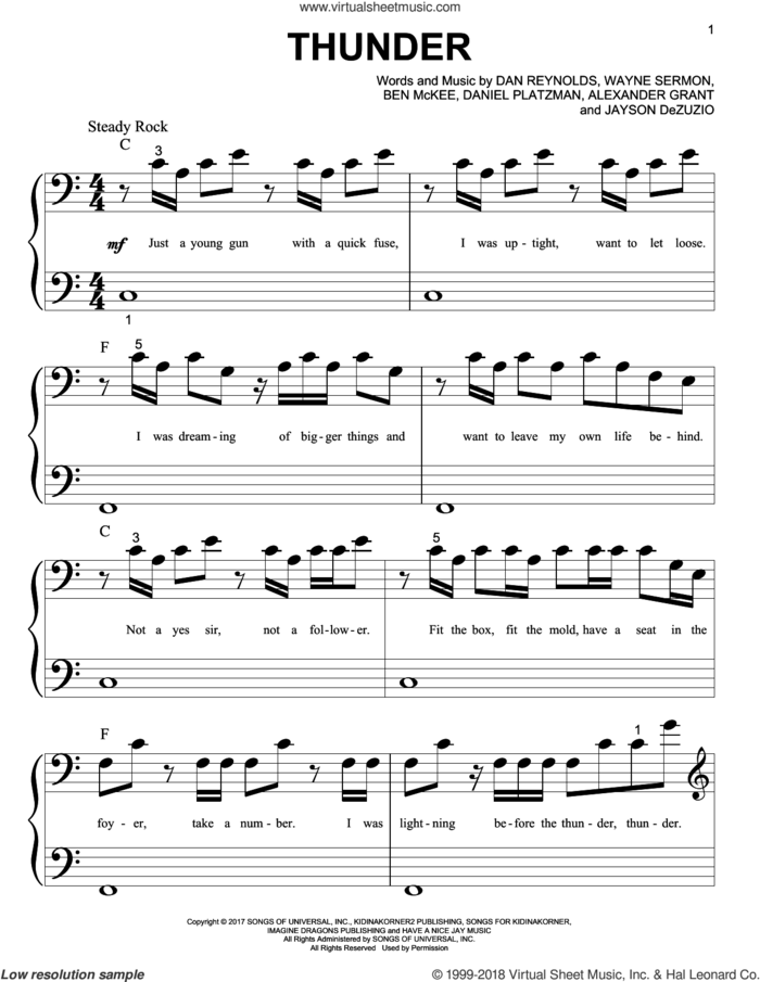 Thunder sheet music for piano solo (big note book) by Imagine Dragons, Alexander Grant, Ben McKee, Dan Reynolds, Daniel Platzman, Jayson Dezuzio and Wayne Sermon, easy piano (big note book)