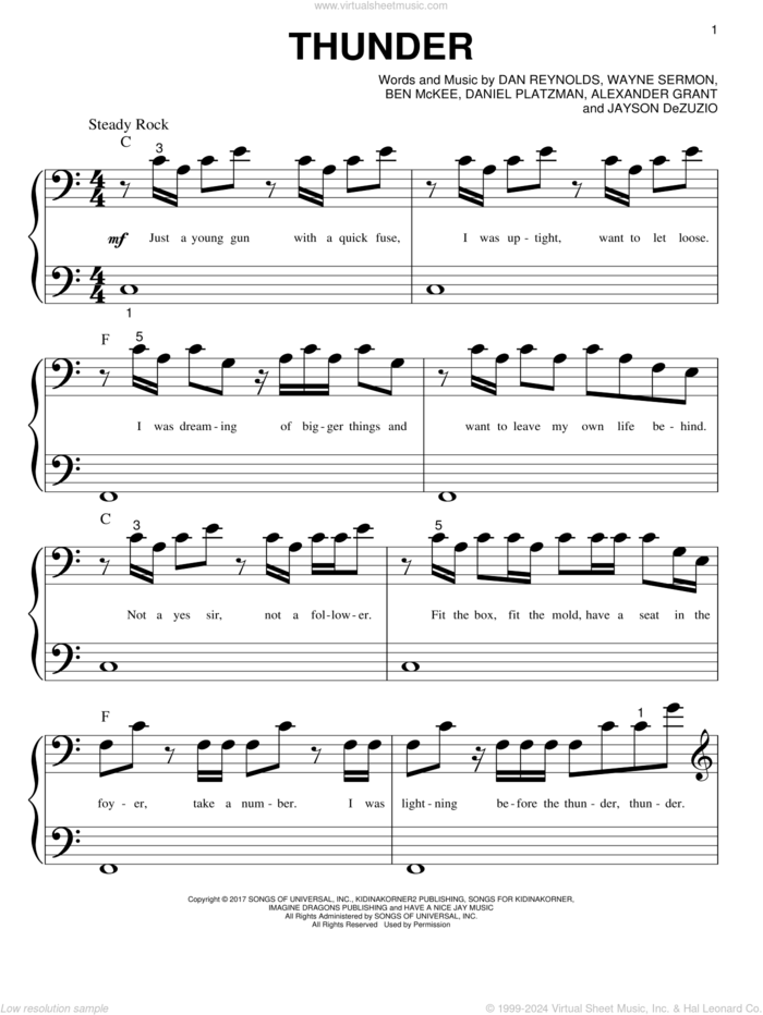 Thunder sheet music for piano solo (big note book) by Imagine Dragons, Alexander Grant, Ben McKee, Dan Reynolds, Daniel Platzman, Jayson Dezuzio and Wayne Sermon, easy piano (big note book)