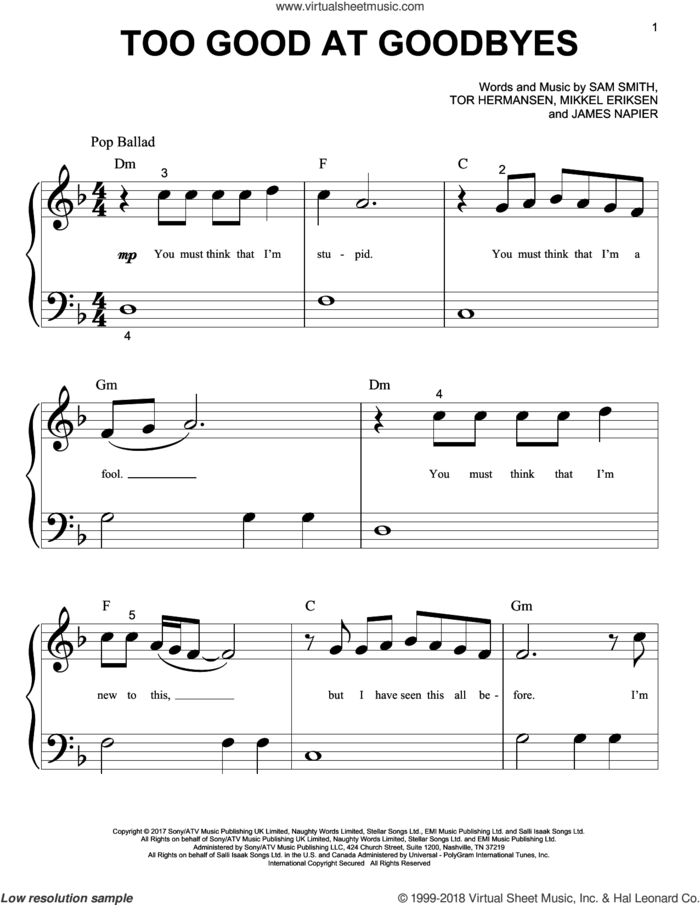 Too Good At Goodbyes sheet music for piano solo (big note book) by Sam Smith, James Napier, Mikkel Eriksen and Tor Erik Hermansen, easy piano (big note book)