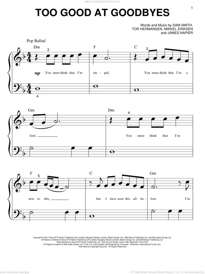 Too Good At Goodbyes sheet music for piano solo (big note book) by Sam Smith, James Napier, Mikkel Eriksen and Tor Erik Hermansen, easy piano (big note book)