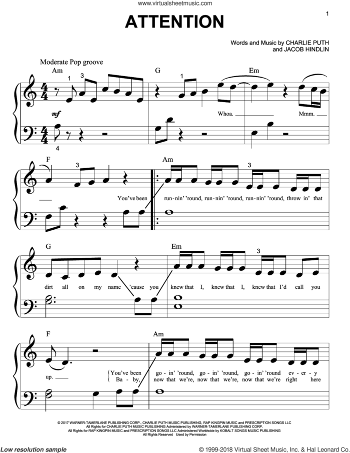 Attention sheet music for piano solo (big note book) by Charlie Puth and Jacob Hindlin, easy piano (big note book)