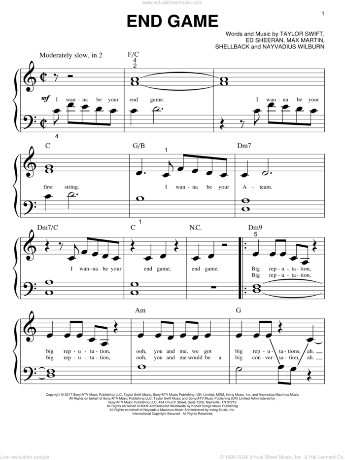 End Game sheet music for piano solo (big note book) by Taylor Swift feat. Ed Sheeran and Future, Ed Sheeran, Max Martin, Nayvadius Wilburn, Shellback and Taylor Swift, easy piano (big note book)