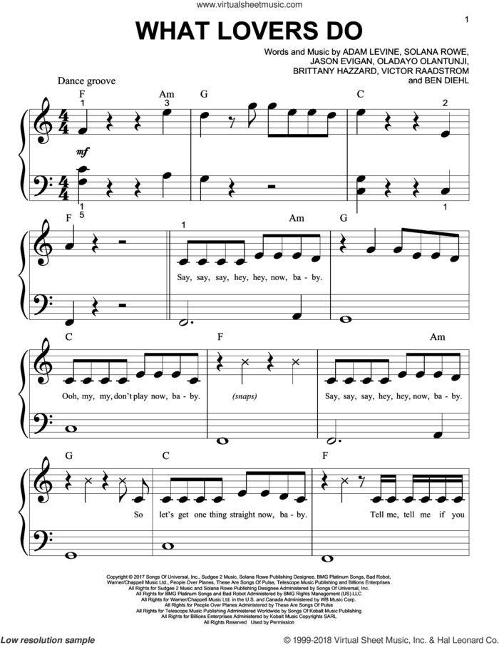 What Lovers Do sheet music for piano solo (big note book) by Maroon 5, Adam Levine, Benjamin Diehl, Brittany Hazzard, Jason Evigan, Oladayo Olatunji and Solana Rowe, easy piano (big note book)
