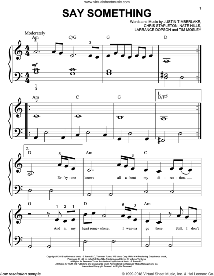 Say Something (feat. Chris Stapleton) sheet music for piano solo (big note book) by Justin Timberlake, Justin Timberlake feat. Chris Stapleton, Chris Stapleton, Larrance Dopson, Nate Hills and Tim Mosley, easy piano (big note book)