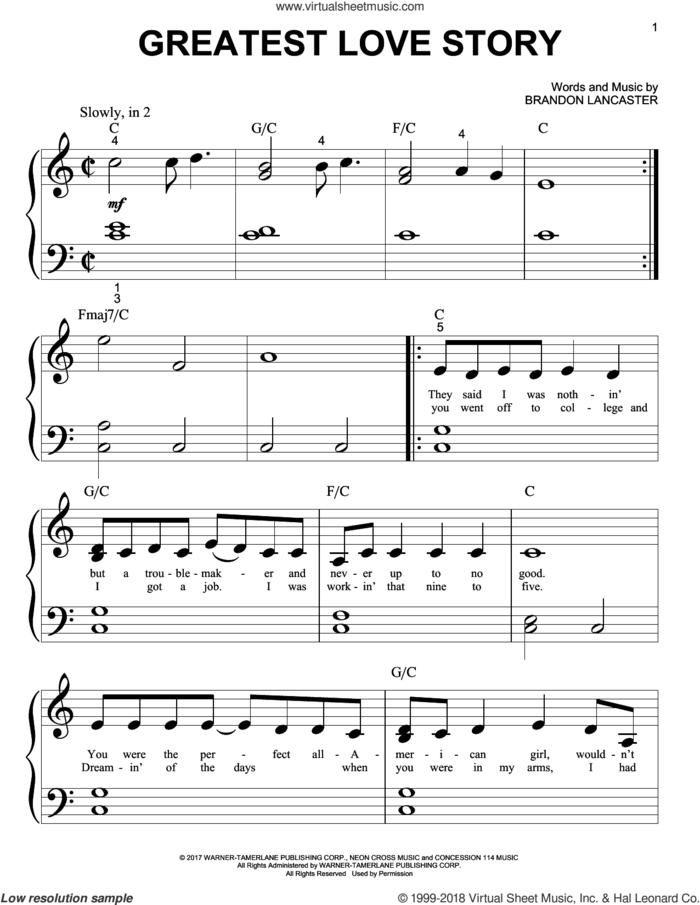 Greatest Love Story sheet music for piano solo (big note book) by LANco and Brandon Lancaster, easy piano (big note book)