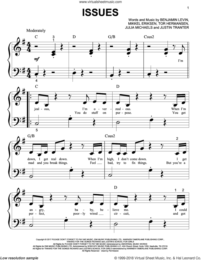Issues sheet music for piano solo (big note book) by Julia Michaels, Benjamin Levin, Justin Tranter, Mikkel Eriksen and Tor Erik Hermansen, easy piano (big note book)