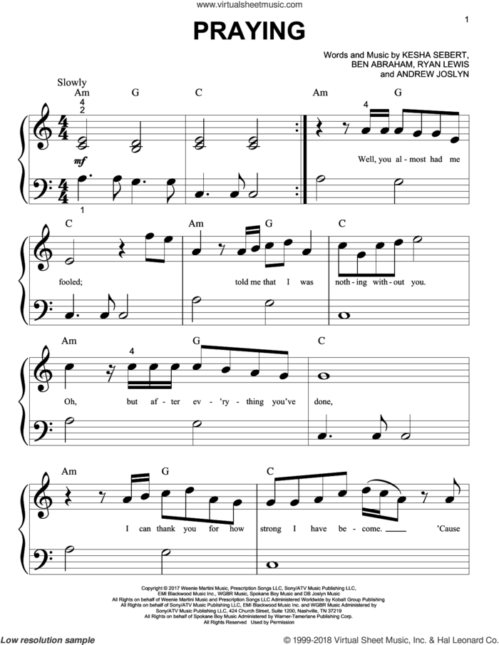 Praying sheet music for piano solo (big note book) by Kesha, Andrew Joslyn, Ben Abraham, Kesha Sebert and Ryan Lewis, easy piano (big note book)