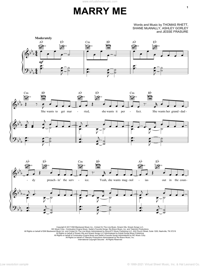 Marry Me sheet music for voice, piano or guitar by Thomas Rhett, Ashley Gorley, Jesse Frasure and Shane McAnally, intermediate skill level