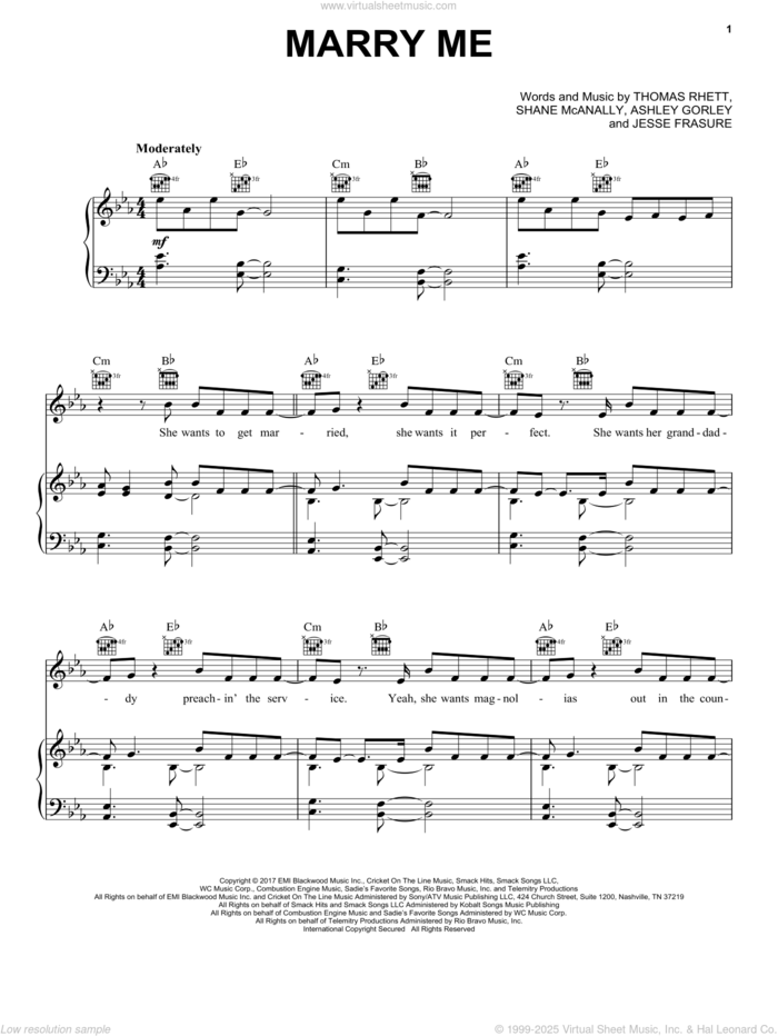 Marry Me sheet music for voice, piano or guitar by Thomas Rhett, Ashley Gorley, Jesse Frasure and Shane McAnally, intermediate skill level