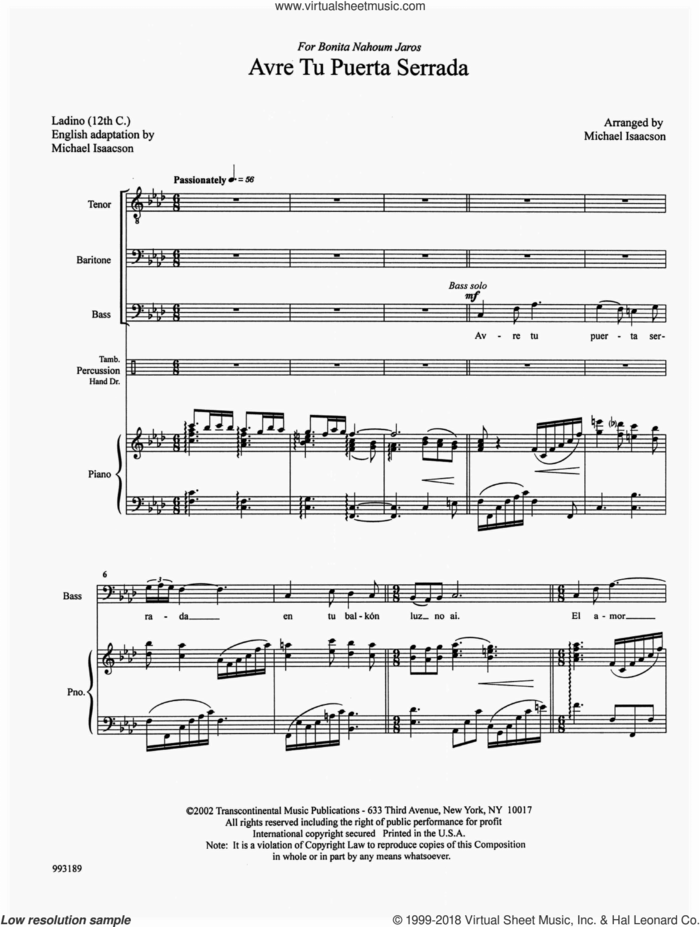 Avre Tu Puerta Serrada (Let The Gates Of Your Love Be Opened) sheet music for choir (TBB: tenor, bass) by Michael Isaacson, intermediate skill level