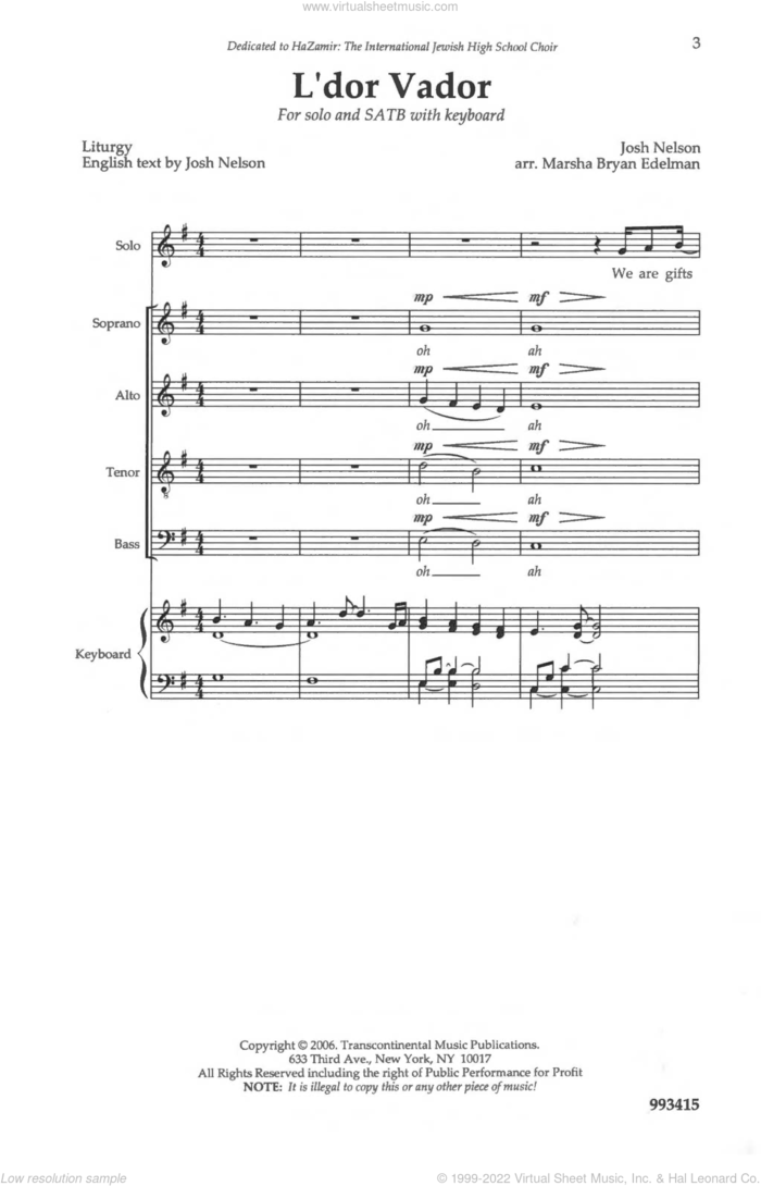 L'dor Vador sheet music for choir (SATB: soprano, alto, tenor, bass) by Josh Nelson and Marsha Bryan Edelman, intermediate skill level