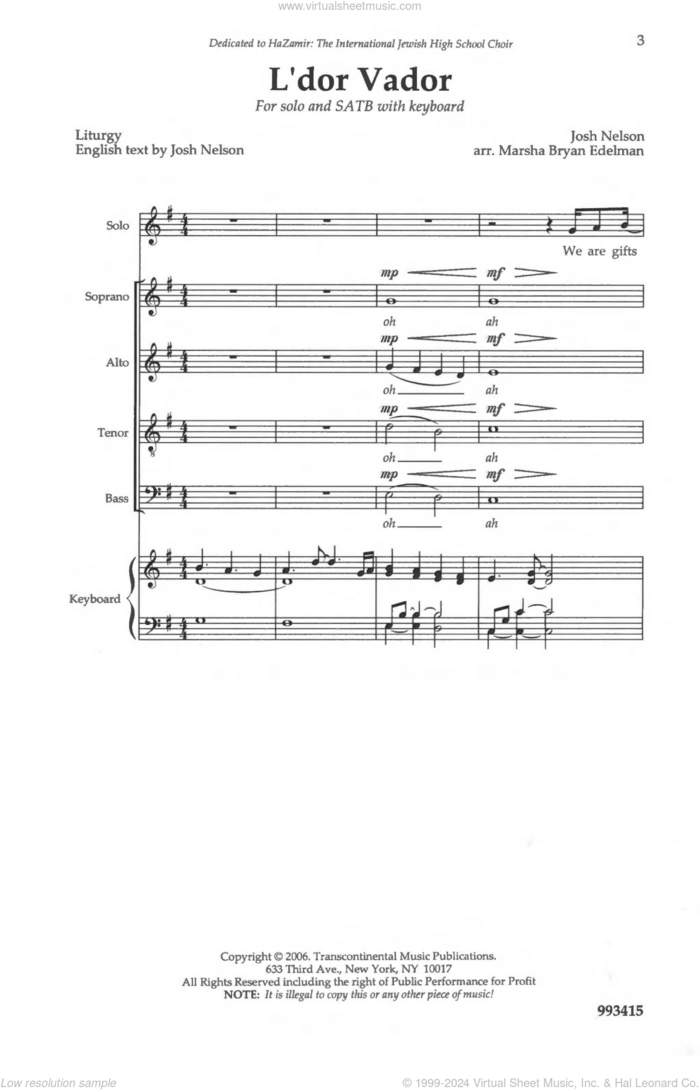 L'dor Vador sheet music for choir (SATB: soprano, alto, tenor, bass) by Josh Nelson and Marsha Bryan Edelman, intermediate skill level