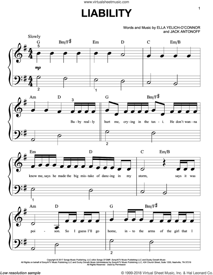 Liability sheet music for piano solo (big note book) by Lorde and Jack Antonoff, easy piano (big note book)