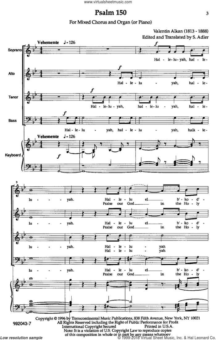 Hallelujah (Psalm 150) sheet music for choir (SATB: soprano, alto, tenor, bass) by Samuel Adler, intermediate skill level