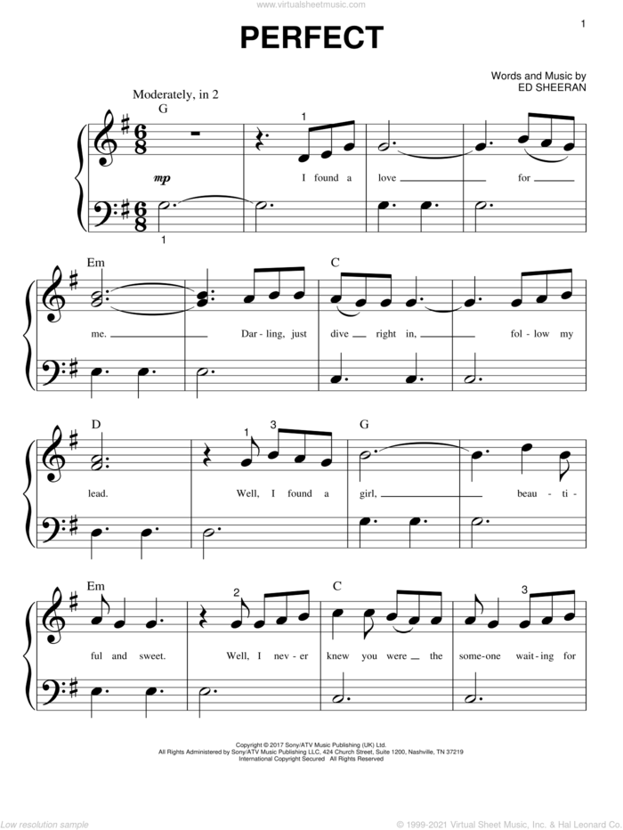 Perfect sheet music for piano solo (big note book) by Ed Sheeran, wedding score, easy piano (big note book)