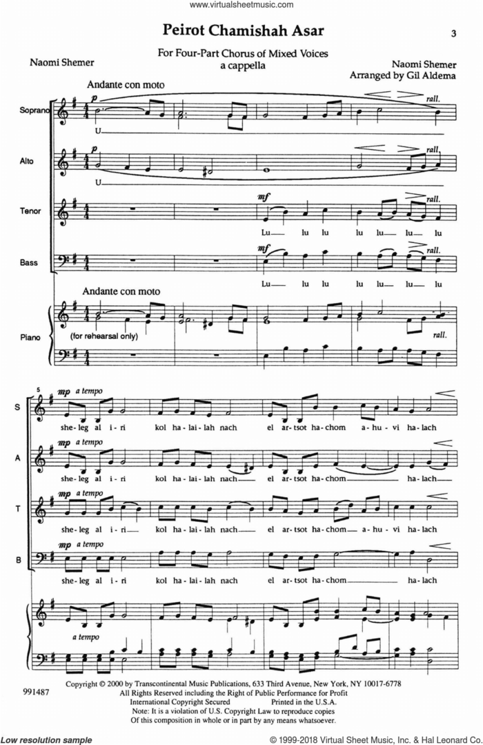 Peirot Chamishah Asar (Snow On My Town) sheet music for choir (SATB: soprano, alto, tenor, bass) by Gil Aldema and Naomi Shemer, intermediate skill level