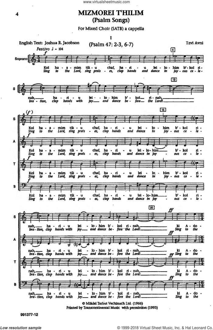 Mizmorei T'hilim sheet music for choir (SATB: soprano, alto, tenor, bass) by Tzvi Avni, intermediate skill level